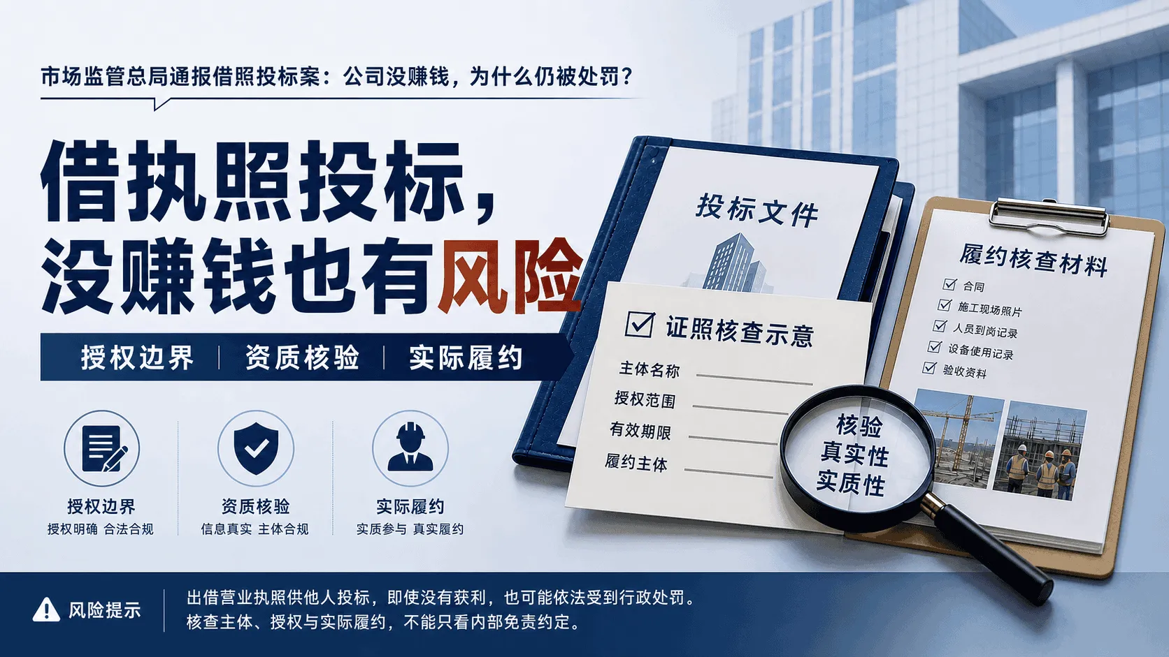 投标文件、证照核查示意卡和履约清单，配有借照风险中文标题。
