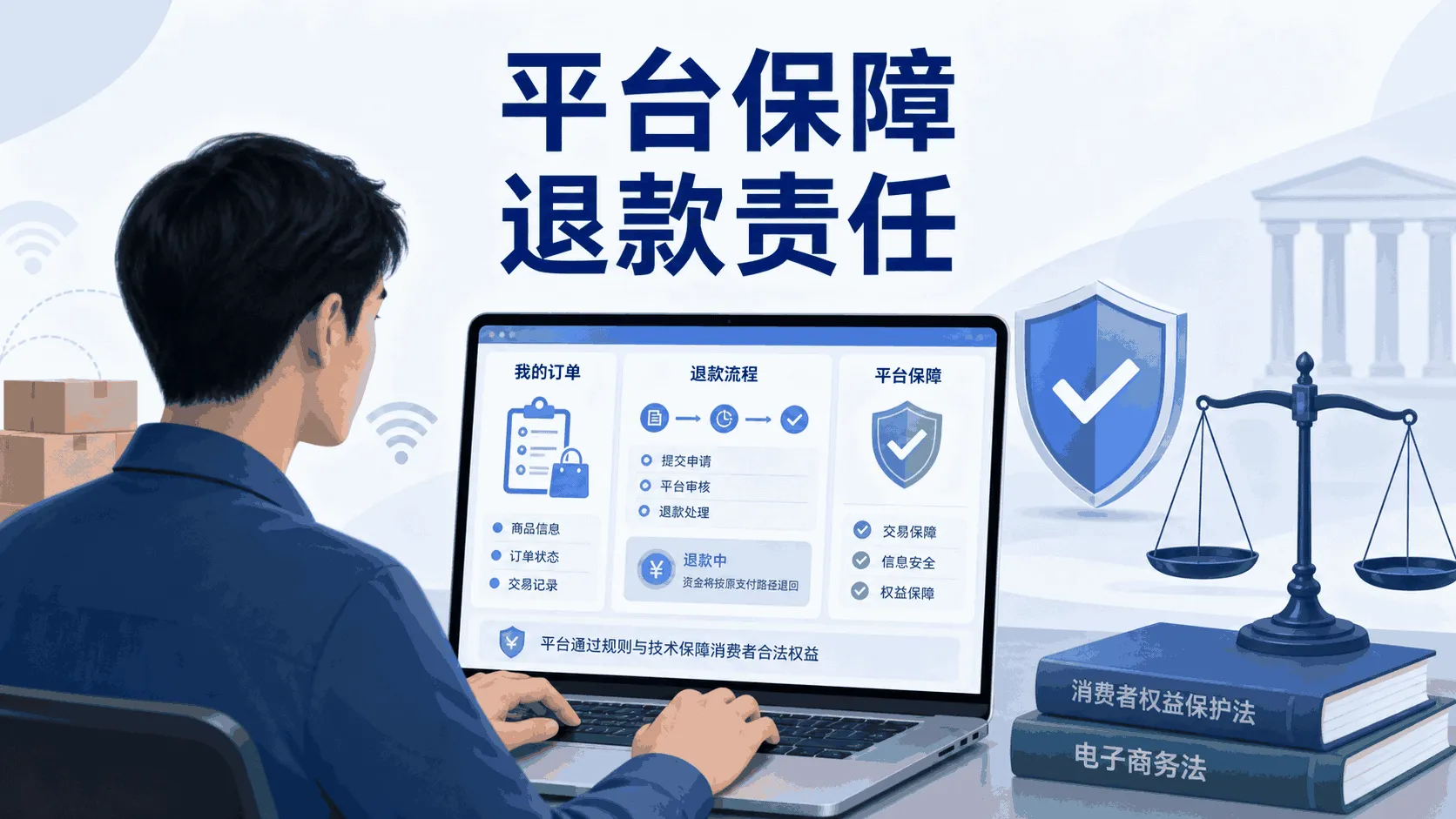 消费者在电脑前核对网购订单、平台规则与退款记录