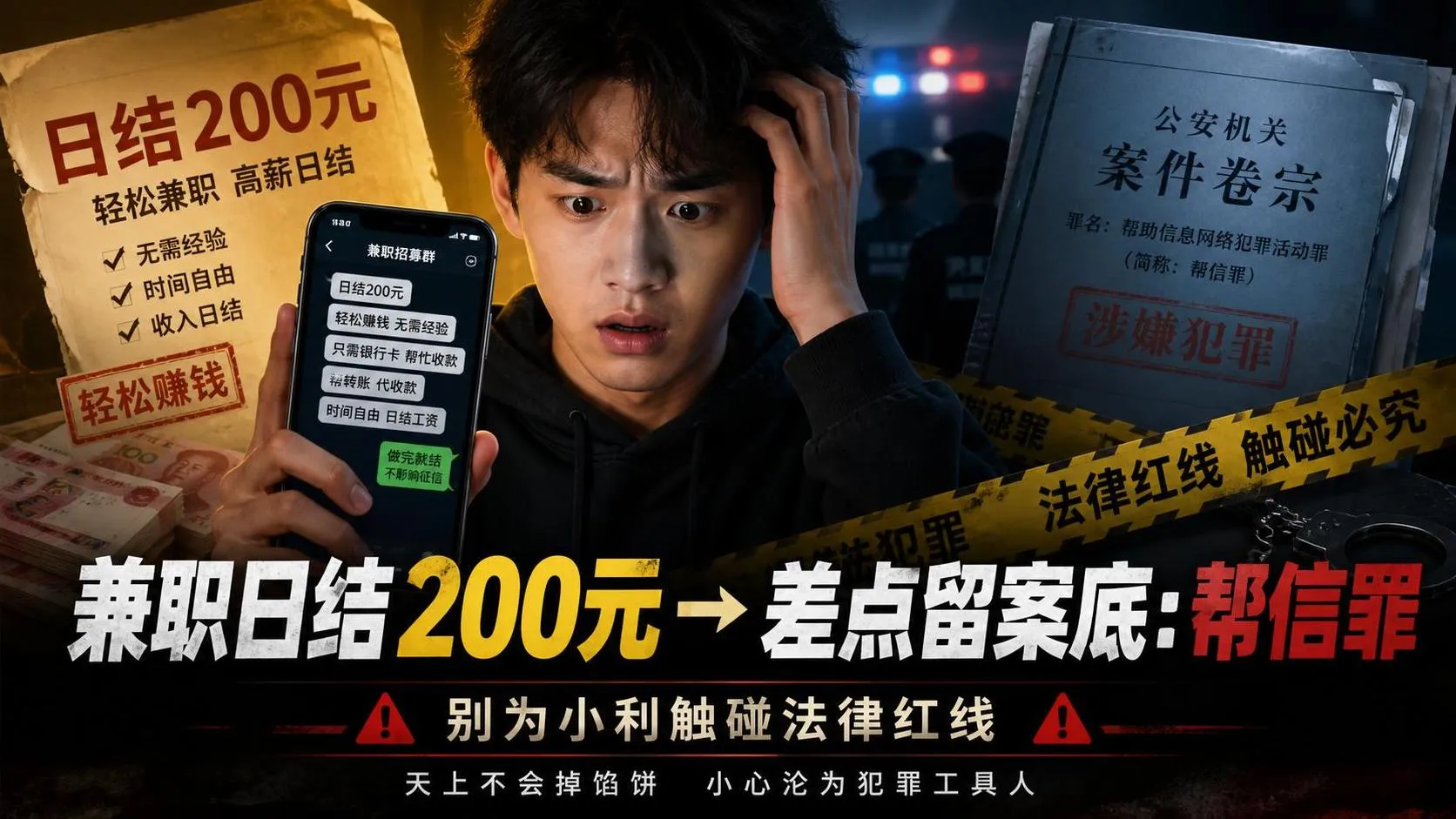 兼职日结200元→差点留案底_借卡跑分不起诉条件与37天黄金救援_广州帮信罪辩护律师.jfif