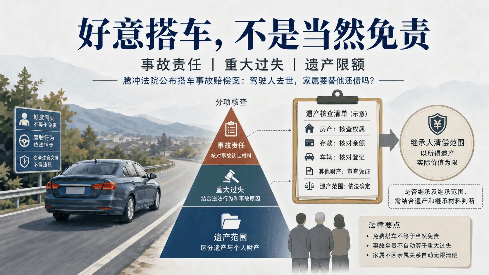 道路、车辆和遗产清单的法律科普插画,配有搭车责任与清偿边界文字。