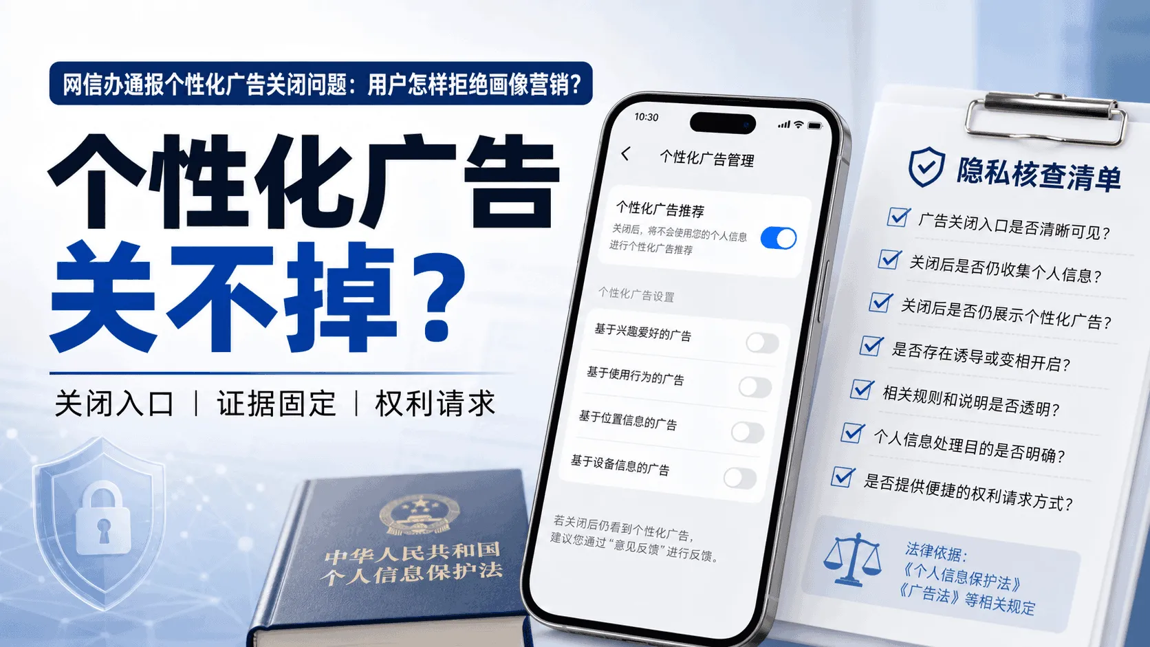 手机上的个性化广告关闭开关与隐私核查清单，配有中文维权提示。