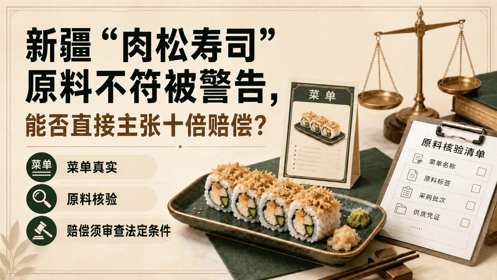 寿司餐盘、菜单和原料核验清单，说明菜单应当真实且赔偿需要审查法定条件。