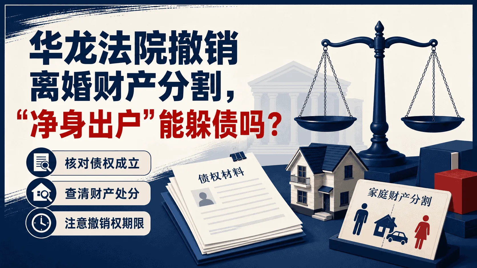 债权材料、房屋模型与财产分割概念卡展示债权人核对财产处分和撤销权期限的要点。